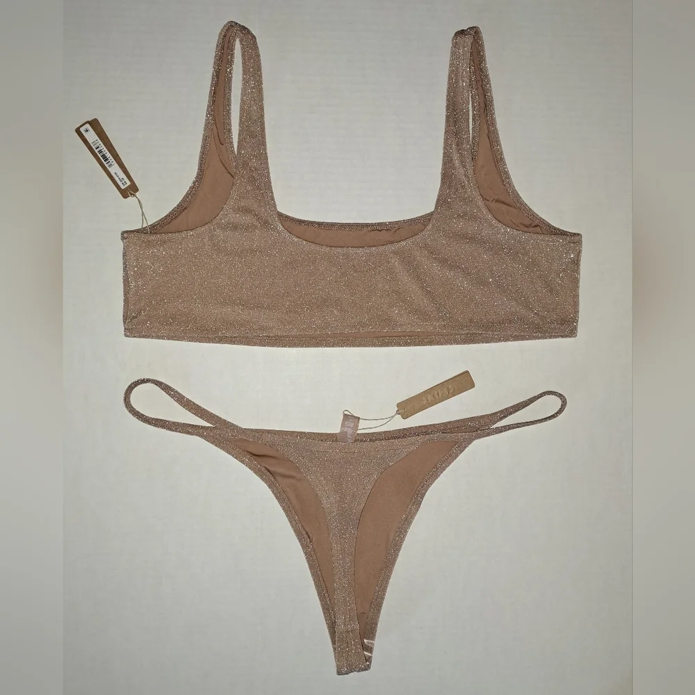 ❤️NWT SKIMS 2 Piece Glitter Swim Scoop neck top thong Bikini Set Nude SIENNA 3X